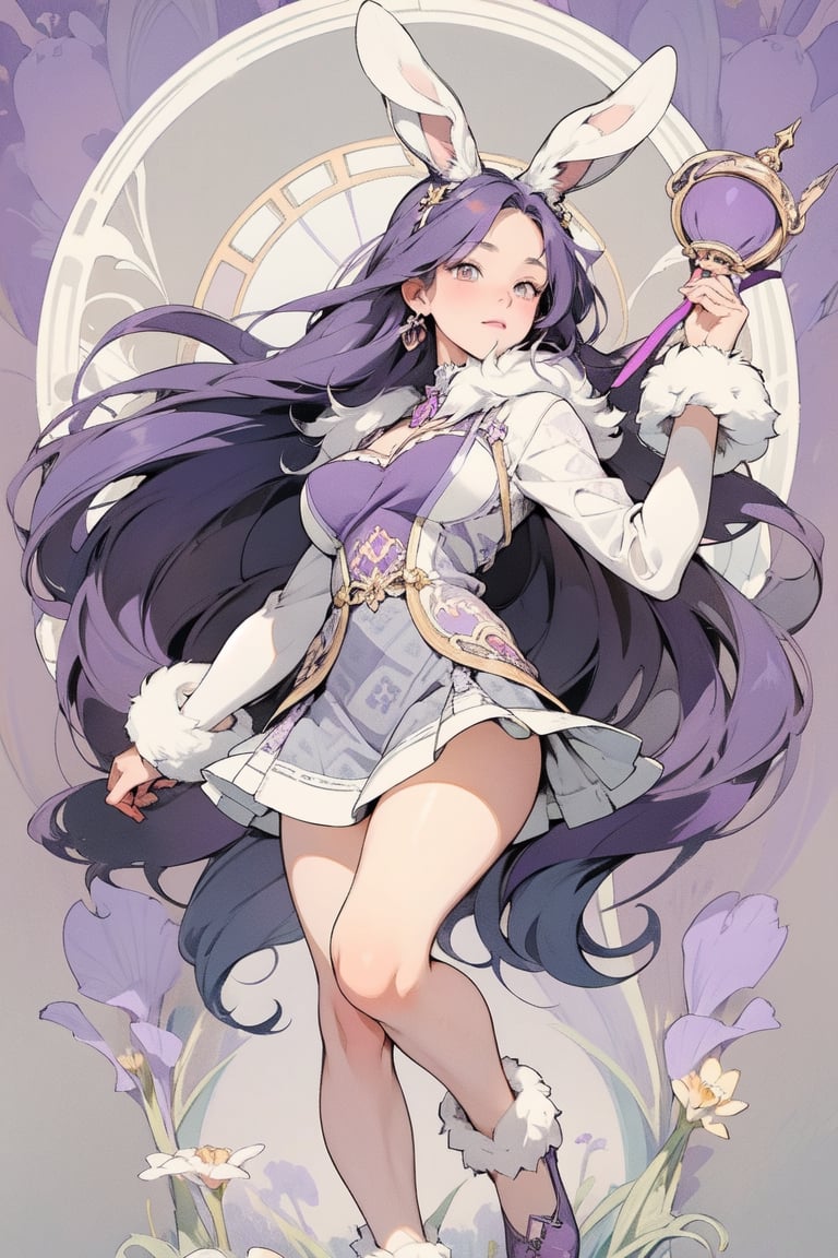 full body photo, (masterpiece, best quality, very detailed, ultra-detailed, intricate), illustration, pastel colors, art nouveau, art nouveau by Alphonse Mucha, tarot cards, (human, furry, beast), rabbit, rabbit tail, human face, (beautiful and detailed eyes), 1other, plump breasts, ((purple hair)), (yellow eyes), harem outfit, scarf, (((purple gray and white fur, Dutch rabbit fur pattern))), anime style kawaii, watercolor, solid color background, lantern, wire, brightly colored and cheerful cheerleading girl wearing cheerleading uniform, miniskirt, holding huge pom poms, cheering enthusiastically, encouraging morale and create a lively atmosphere.  Cheerful girl in cheerleading uniform, cheering and cheering up with huge pompoms, underboob, huge boobs, wearing pink bow hair accessory, Mizuki_Lin, perfect light,long hair