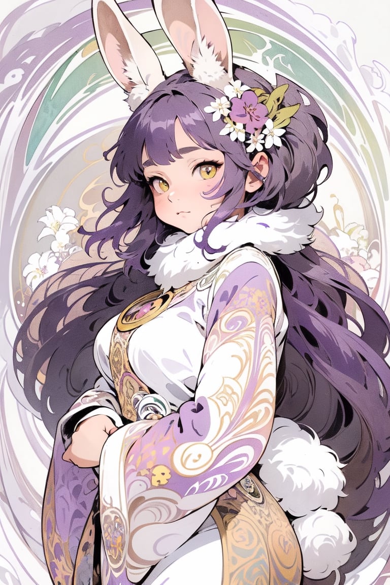 (Masterpiece, best quality, very detailed, ultra-detailed, complex), illustration, pastel colors, Art Nouveau, Art Nouveau by Alphonse Mucha, tarot cards, (human, hairy, kemono) , rabbit, rabbit tail, human face, (beautiful detailed eyes), 1other, plump breasts, ((purple hair)), (yellow eyes), harem outfit, scarf, (((purple gray and white fur, Dutch rabbit fur Pattern))), anime style, kawaii, watercolor, solid background, lantern, wire, bright colors,pastel colors,Last,dragonbaby