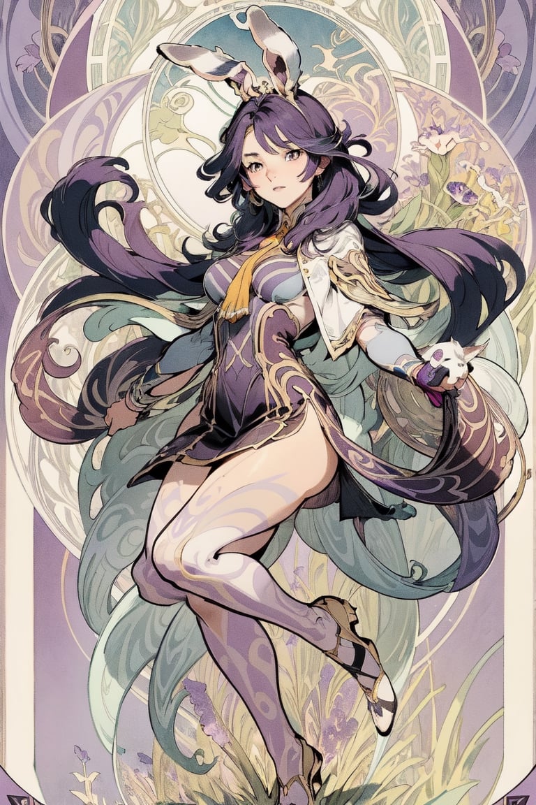 full body photo, (masterpiece, best quality, very detailed, ultra-detailed, intricate), illustration, pastel colors, art nouveau, art nouveau by Alphonse Mucha, tarot cards, (human, furry, beast), rabbit, rabbit tail, human face, (beautiful and detailed eyes), 1other, plump breasts, ((purple hair)), (yellow eyes), harem outfit, scarf, (((purple gray and white fur, Dutch rabbit fur pattern))), anime style kawaii, watercolor, solid color background, lantern, wire, brightly colored and cheerful cheerleading girl wearing cheerleading uniform, miniskirt, holding huge pom poms, cheering enthusiastically, encouraging morale and create a lively atmosphere.  Cheerful girl in cheerleading uniform, cheering and cheering up with huge pompoms, underboob, huge boobs, wearing pink bow hair accessory, Mizuki_Lin, perfect light,long hair