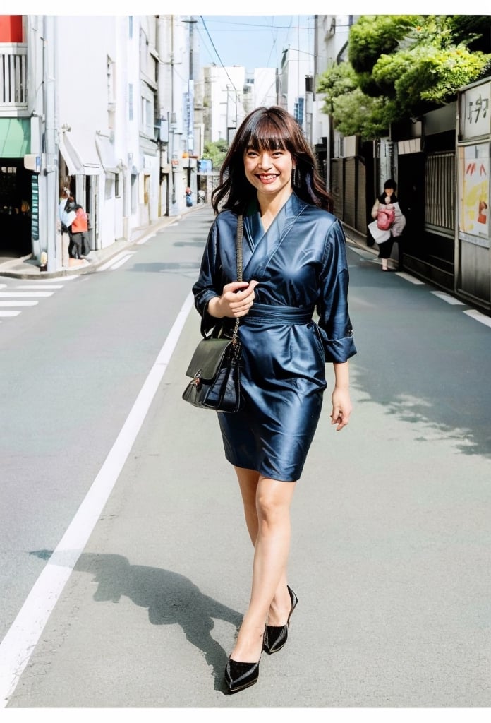 Japanese woman, walking on a street in Tokyo, she is wearing a professional dress, high heels on her feet, a delicate bag in her hand, her eyes looking across the street, smiling, her expression is very sunny and dynamic, the midday sun shines on her body, the whole picture is very bright and comfortable,(RAW photo, best quality),(realistic),photo, masterpiece,dream_girl,Extremely Realistic,zstyle,asian girl,35mm lens