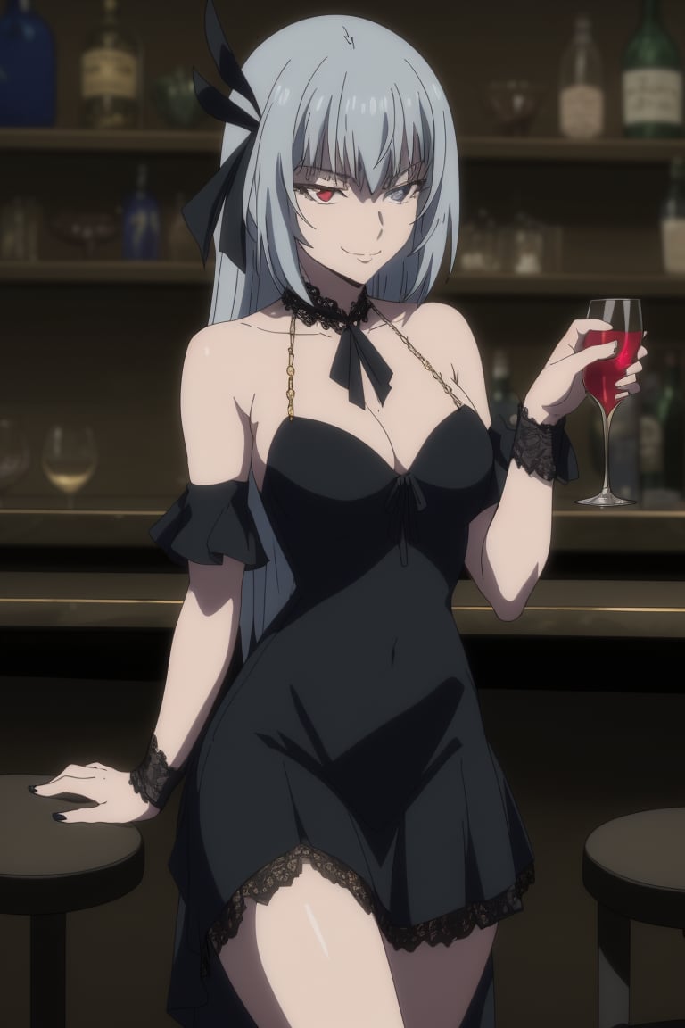 score_9, score_8_up, score_7_up, source_anime, 2.5D, 1girl, Luminous Valentine, upper body, looking at viewer, masterpiece, best quality, wearing an elegant and form-fitting dark dress with intricate golden patterns, flowing lace skirt gently draping over her legs, seated shyly on a bar stool, red right eye, blue left eye, giving a bashful smile, silver hair flowing smoothly, one hand delicately lifting the lace skirt slightly, revealing a glimpse of her leg underneath, luxurious jewelry adorning her neck and wrists, glowing aura around her, dimly lit bar background, highlighting her graceful but timid presence, soft and embarrassed gaze