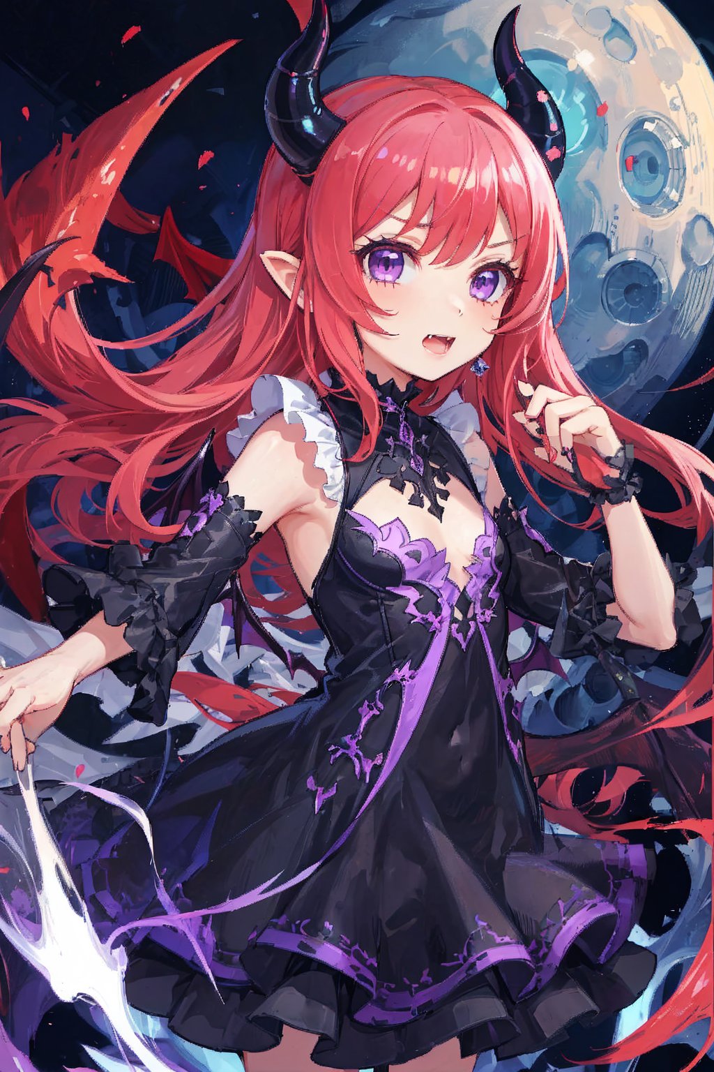 young, little girl, cute and small girl, petite, oppai loli, loli,

super long hair, red hair, violet eyes, devil girl, devil tail, devil horns, devil wings, hyper and energetic, purple demonic dress, 