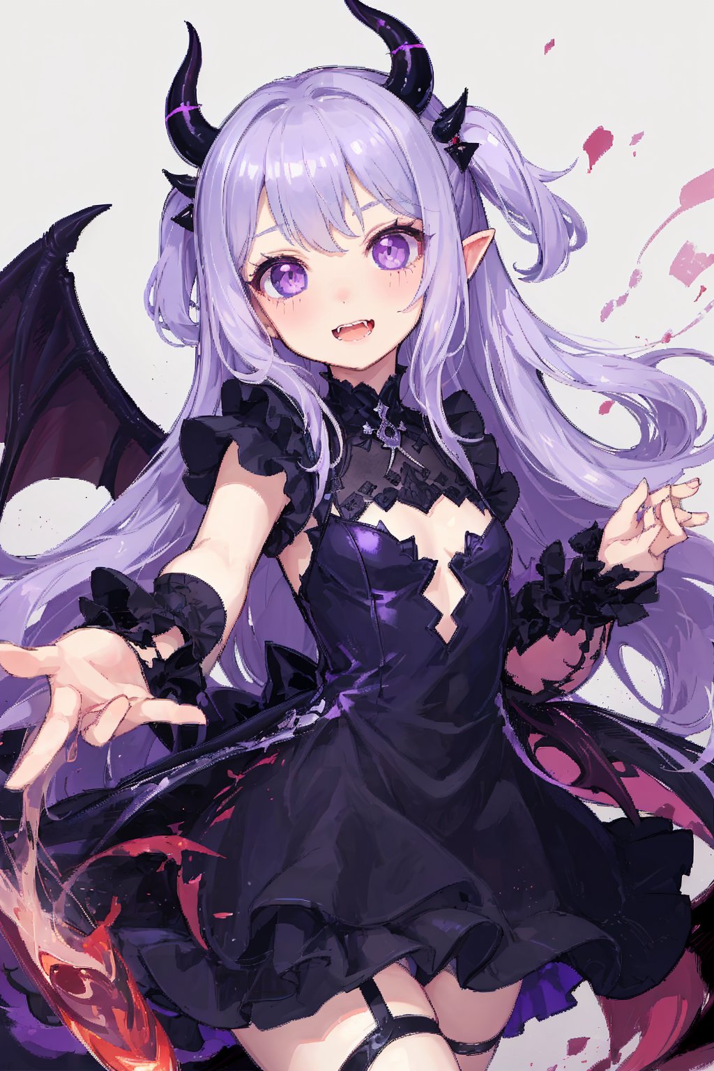 little girl, cute and small girl, petite, oppai loli, loli,

super long hair, red hair, violet eyes, devil girl, devil tail, devil horns, devil wings, hyper and energetic, purple demonic dress, 