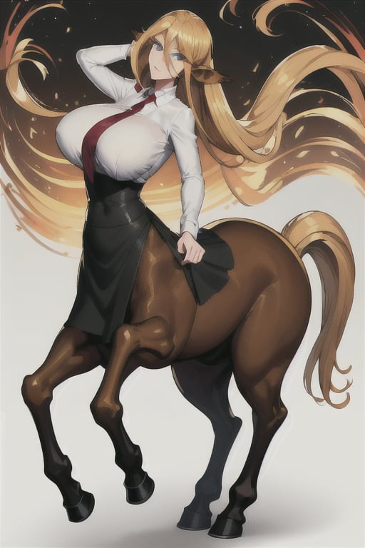 Centorea Shianus poses on a white background, highlighting its elegant posture.  Her human form radiates elegance with a white blouse that accentuates her impressive bust adorned with a bold red tie, while her piercing blue eyes shine with mischief.  A flowing black skirt swirls around her legs, evoking movement and freedom.  Meanwhile, her centaur form takes center stage, the rich brown of her horse body contrasting beautifully with the creamy tones of her skin.  as she proudly displays her half-human, half-horse physique.     Her blonde hair cascades down her back like a golden waterfall, The long ears raised on either side of her head frame her captivating presence,
  A flowing black skirt swirls around her legs, evoking movement and freedom.