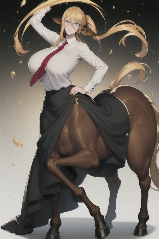 Centorea Shianus poses on a white background, highlighting its elegant posture.  Her human form radiates elegance with a white blouse that accentuates her impressive bust adorned with a bold red tie, while her piercing blue eyes shine with mischief.  A flowing black skirt swirls around her legs, evoking movement and freedom.  Meanwhile, her centaur form takes center stage, the rich brown of her horse body contrasting beautifully with the creamy tones of her skin.  as she proudly displays her half-human, half-horse physique.     Her blonde hair cascades down her back like a golden waterfall, The long ears raised on either side of her head frame her captivating presence,
  A flowing black skirt swirls around her legs, evoking movement and freedom.