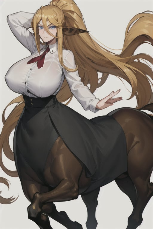 Centorea Shianus poses on a white background, highlighting its elegant posture.  Her human form radiates elegance with a white blouse that accentuates her impressive bust adorned with a bold red tie, while her piercing blue eyes shine with mischief.  A flowing black skirt swirls around her legs, evoking movement and freedom.  Meanwhile, her centaur form takes center stage, the rich brown of her horse body contrasting beautifully with the creamy tones of her skin.  as she proudly displays her half-human, half-horse physique.     Her blonde hair cascades down her back like a golden waterfall, The long ears raised on either side of her head frame her captivating presence,
  A flowing black skirt swirls around her legs, evoking movement and freedom.