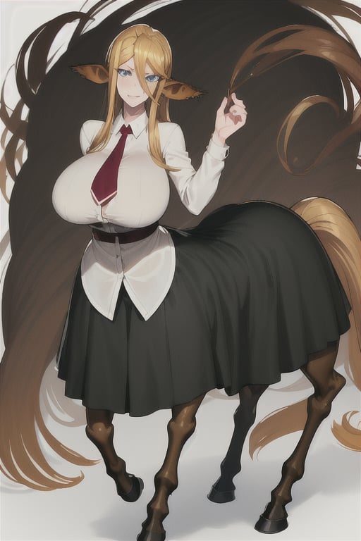 Centorea Shianus poses on a white background, highlighting its elegant posture.  Her human form radiates elegance with a white blouse that accentuates her impressive bust adorned with a bold red tie, while her piercing blue eyes shine with mischief.  A flowing black skirt swirls around her legs, evoking movement and freedom.  Meanwhile, her centaur form takes center stage, the rich brown of her horse body contrasting beautifully with the creamy tones of her skin.  as she proudly displays her half-human, half-horse physique.     Her blonde hair cascades down her back like a golden waterfall, The long ears raised on either side of her head frame her captivating presence,
  A flowing black skirt swirls around her legs, evoking movement and freedom.