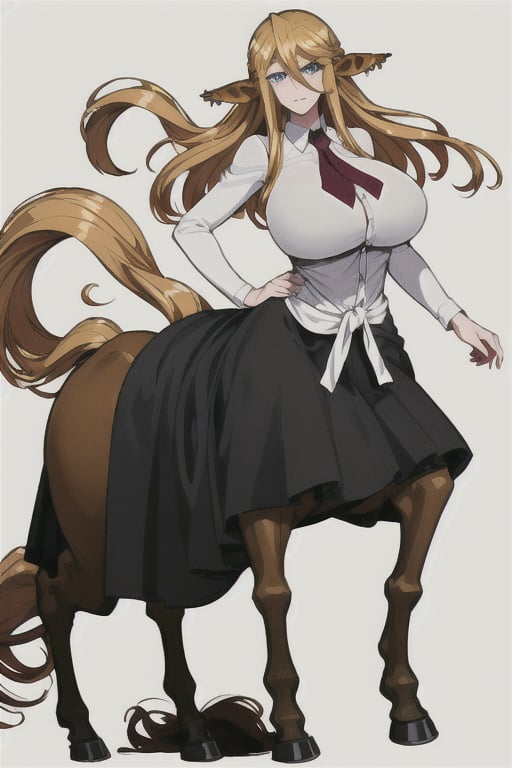 Centorea Shianus poses on a white background, highlighting its elegant posture.  Her human form radiates elegance with a white blouse that accentuates her impressive bust adorned with a bold red tie, while her piercing blue eyes shine with mischief.  A flowing black skirt swirls around her legs, evoking movement and freedom.  Meanwhile, her centaur form takes center stage, the rich brown of her horse body contrasting beautifully with the creamy tones of her skin.  as she proudly displays her half-human, half-horse physique.     Her blonde hair cascades down her back like a golden waterfall, The long ears raised on either side of her head frame her captivating presence,
  A flowing black skirt swirls around her legs, evoking movement and freedom.