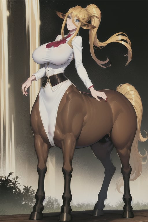 A warm smile illuminates Centorea Shianus's face as she stands confidently, her human form radiating elegance in a white blouse that accentuates her impressive bust. Her blonde hair cascades down her back like a golden waterfall, while her piercing blue eyes sparkle with mischief. Meanwhile, her centaur form takes center stage, the rich brown of her horse body contrasting beautifully with the creamy tones of her skin as she proudly showcases her half-human, half-horse physique.cartoon, animation