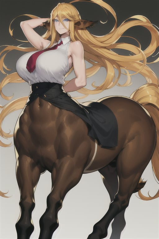 Centorea Shianus poses against a white background, her human form glowing with golden light as she confidently displays her striking features.   A soft smile spreads across her face, illuminating her piercing blue eyes and highlighting her elegant posture.   Her blonde hair cascades down her back, while her centaur-like body takes center stage, its rich brown tones contrasting beautifully with the creamy tones of her skin.   The long ears raised on either side of her head frame her captivating presence, as if she were ready to absorb every detail of this whimsical scene. cartoon, animation, 
A crisp white sleeveless shirt hangs loosely on her upper torso, adorned with a bold red tie. A flowing black skirt swirls around her legs, evoking movement and freedom.