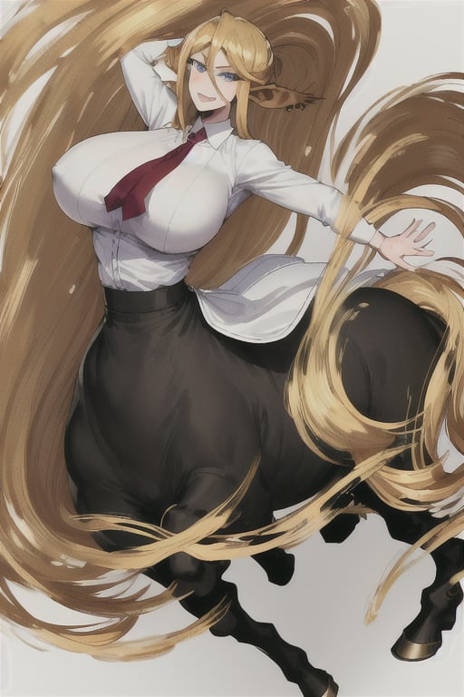 Centorea Shianus poses on a white background, highlighting its elegant posture.  Her human form radiates elegance with a white blouse that accentuates her impressive bust adorned with a bold red tie, while her piercing blue eyes shine with mischief.  A flowing black skirt swirls around her legs, evoking movement and freedom.  Meanwhile, her centaur form takes center stage, the rich brown of her horse body contrasting beautifully with the creamy tones of her skin.  as she proudly displays her half-human, half-horse physique.     Her blonde hair cascades down her back like a golden waterfall, The long ears raised on either side of her head frame her captivating presence,
  A flowing black skirt swirls around her legs, evoking movement and freedom.