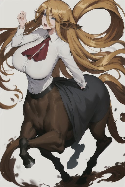 Centorea Shianus poses on a white background, highlighting its elegant posture.  Her human form radiates elegance with a white blouse that accentuates her impressive bust adorned with a bold red tie, while her piercing blue eyes shine with mischief.  A flowing black skirt swirls around her legs, evoking movement and freedom.  Meanwhile, her centaur form takes center stage, the rich brown of her horse body contrasting beautifully with the creamy tones of her skin.  as she proudly displays her half-human, half-horse physique.     Her blonde hair cascades down her back like a golden waterfall, The long ears raised on either side of her head frame her captivating presence,
  A flowing black skirt swirls around her legs, evoking movement and freedom.