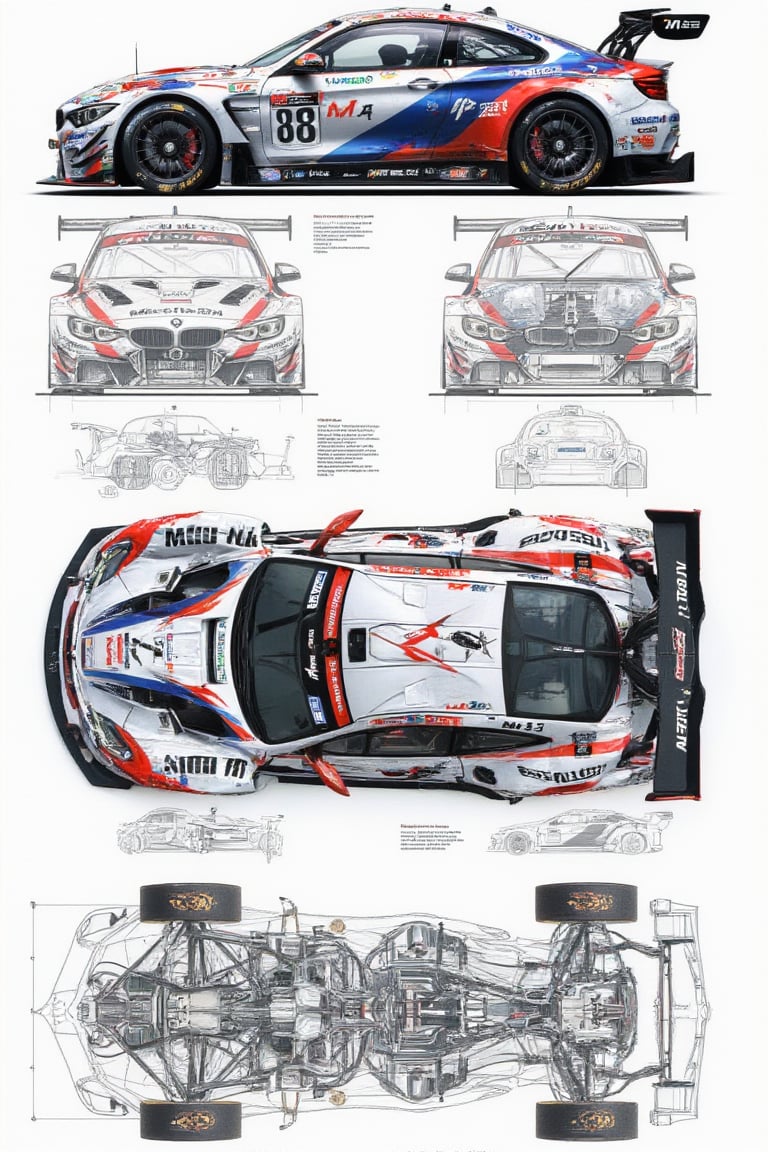 This image presents a detailed rendering and technical blueprint of a high-performance racing car, the BMW M4 GT3. The car's striking exterior design is highlighted, featuring a bold color scheme of white, blue, and red, with prominent racing livery and aerodynamic elements.

The various views and technical diagrams provide a comprehensive look at the car's intricate engineering, showcasing its intricate chassis structure, suspension components, and other intricate details. The level of precision and technical drafting in the renderings demonstrates the sophistication and complexity involved in the design and development of this cutting-edge race car.

While I cannot directly reproduce the copyrighted material, this image effectively captures the fusion of cutting-edge automotive technology, performance-oriented design, and artistic expression. The level of detail and technical expertise reflected in this illustration make it a visually compelling and informative representation of a high-performance racing machine.