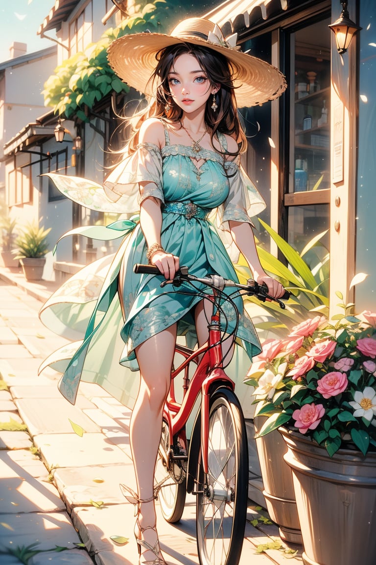 At the entrance of a Mediterranean cottage adorned with vibrant flowers, a young girl stands ready to embark on an adventure, gently pushing her bicycle forward.

The cottage, nestled in the midst of a blossoming garden, emanates a charming and inviting aura. Its whitewashed walls are adorned with cascading bougainvillea, their vivid hues creating a picturesque backdrop for the scene. The air is filled with the sweet fragrance of blooming flowers, adding to the idyllic atmosphere.

With a smile on her face, the girl takes hold of the bicycle's handlebars, her excitement palpable. The bicycle, a faithful companion for her explorations, stands ready for the journey ahead. Its frame, painted in a cheerful color, reflects the girl's vibrant spirit and zest for life.

Dressed in casual attire suitable for her outdoor escapades, the girl exudes an air of youthful energy and freedom. Her attire, perhaps adorned with a sun hat and comfortable shoes, signifies her readiness to embrace the open road and the wonders that lie beyond.

As she prepares to set off, the girl takes a moment to soak in the beauty of her surroundings. The colorful flowers that frame the cottage entrance seem to bid her farewell, their petals dancing in the gentle breeze. The sun casts a warm glow, illuminating her path and filling her heart with anticipation for the adventures that await.

With a final push, the girl propels herself forward, her bicycle gliding effortlessly along the Mediterranean landscape. The wind tousles her hair as she embarks on a journey filled with discovery, joy, and the sheer delight of exploring the world around her.

In this tranquil Mediterranean setting, the young girl's presence brings a touch of innocence and wonder. Against the backdrop of the flower-filled cottage and the promise of the open road, her bicycle becomes a symbol of freedom and the limitless possibilities that lie ahead.