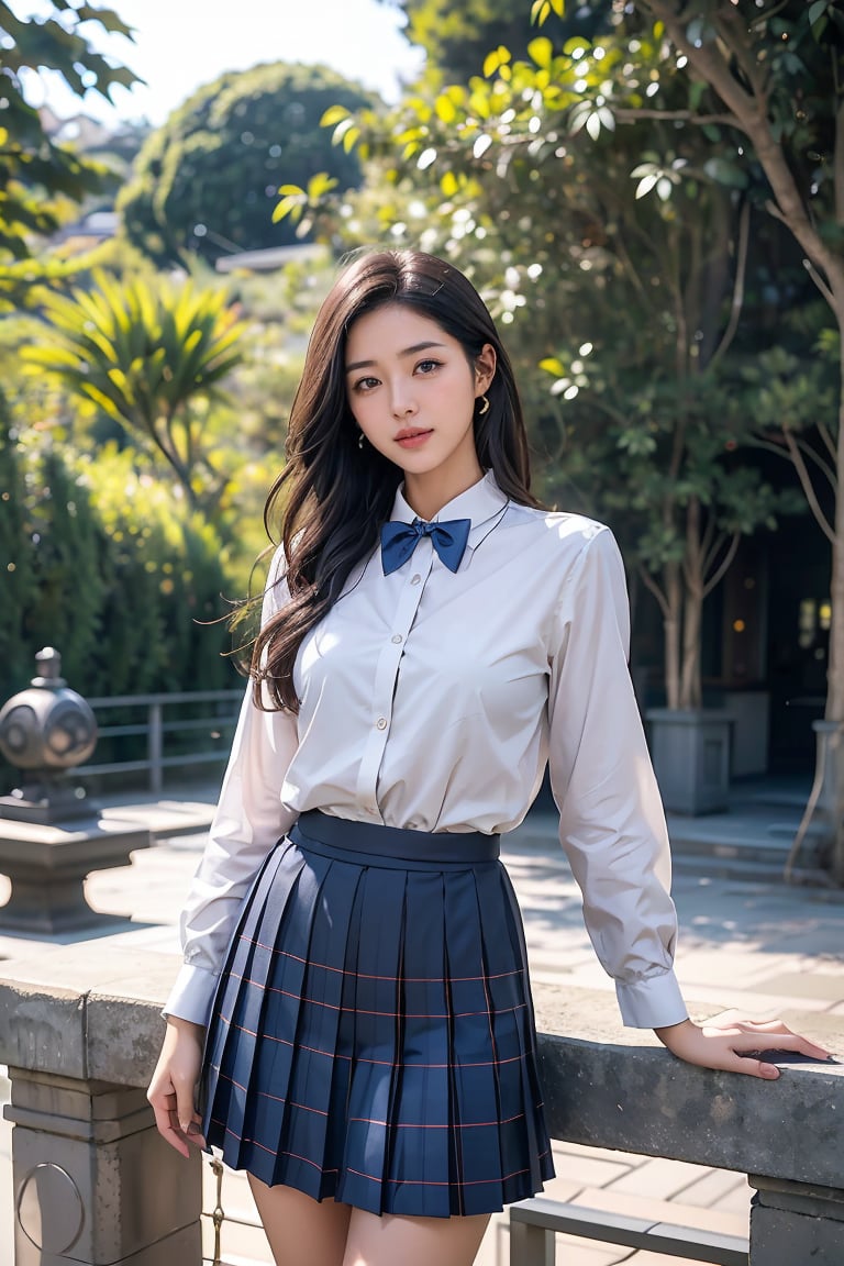 This image depicts a young woman wearing a traditional Japanese school uniform, which consists of a crisp white button-up shirt with a navy blue bow tie and a pleated, plaid skirt. Her long, dark hair frames her gentle, welcoming expression as she stands against a backdrop of lush greenery, suggesting a tranquil, natural setting.

The woman's pose is relaxed yet poised, with one hand resting on the concrete ledge behind her. Her youthful, approachable demeanor conveys a sense of innocence and purity, complemented by the classic aesthetic of the school uniform. The overall composition creates a charming, nostalgic atmosphere, evoking a sense of timelessness and the simple joys of youth.

While I cannot reproduce the copyrighted image, this detailed description aims to capture the essence of the scene and the artist's skilled portrayal of the human figure within a serene, natural environment. The image invites the viewer to reflect on the beauty and serenity of everyday moments, as well as the enduring appeal of traditional Japanese culture and aesthetics.