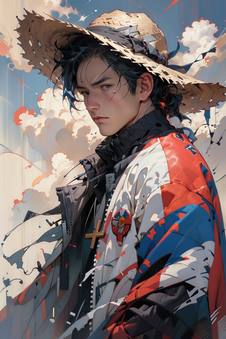 Knife-cut oil painting texture, a young man in a red jacket with open chest showing a cross scar, straw hat, and resolute expression stands under a clear blue sky, his robust physique and confident stance exuding strength and resilience. [Anime-style digital painting inspired by the works of Eiichiro Oda and Ken Obata], [Dynamic lighting, vibrant colors, sharp lines, textured clothing, focus on the man's face and his strong physique, clouds and a hint of motion in the background].