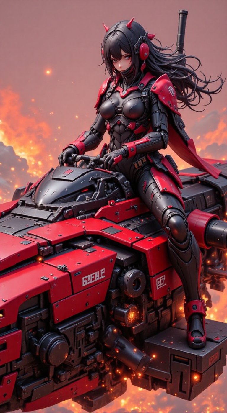 This striking image presents a captivating fusion of human and machine. The central figure, a powerful female warrior, is outfitted in a sleek, high-tech suit of black armor that seamlessly integrates with the imposing, crimson-hued vehicle she straddles. Her posture exudes a commanding presence, with her gloved hands firmly gripping the vehicle's controls. The warrior's facial features are partially obscured by her protective headgear, adding an air of mystery and intensity to the scene. The vehicle itself is a marvel of industrial design, with angular, aerodynamic lines and an array of advanced-looking components and thrusters. The overall effect is one of unbridled power and technological prowess, creating a dynamic and visually stunning composition. While I cannot reproduce the copyrighted image, this detailed description aims to capture the essence of the scene and the artist's skillful blending of human and machine elements. The result is a captivating depiction of a powerful, futuristic warrior navigating a high-tech, cyberpunk-inspired landscape.