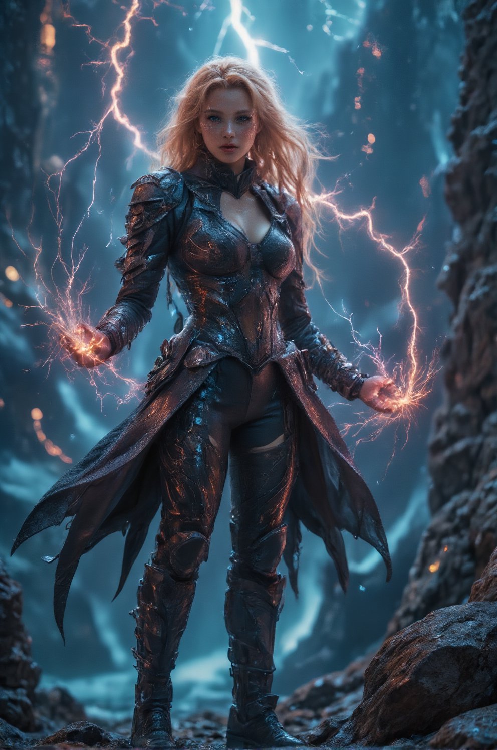 4K anime style quality, digital drawing mode, Norway-themed supervillain female character, long platinum blonde hair flowing like a storm, electric blue eyes, wearing dark Viking-inspired armor with lightning coursing through it, controlling devastating storms and summoning lightning strikes, standing on a thunderous cliffside with jagged rocks beneath her, radiant skin, fierce and untamed expression, full body, dynamic pose with lightning crackling in her hands, life size, perfect anatomy, detailed skin texture, full HD, 4K, HDR, perfect anatomy, depth of field. , Midjourney_Whisper