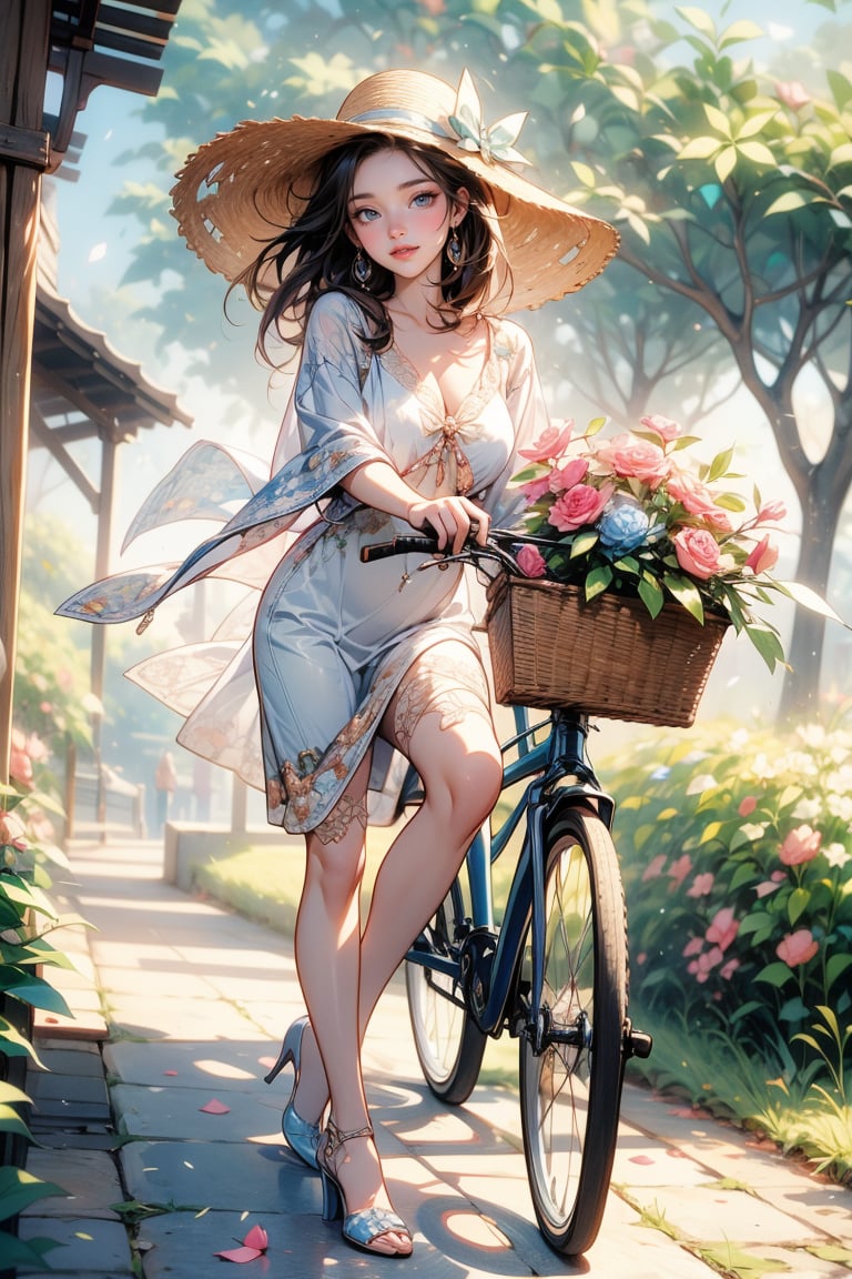 At the entrance of a Mediterranean cottage adorned with vibrant flowers, a young girl stands ready to embark on an adventure, gently pushing her bicycle forward.

The cottage, nestled in the midst of a blossoming garden, emanates a charming and inviting aura. Its whitewashed walls are adorned with cascading bougainvillea, their vivid hues creating a picturesque backdrop for the scene. The air is filled with the sweet fragrance of blooming flowers, adding to the idyllic atmosphere.

With a smile on her face, the girl takes hold of the bicycle's handlebars, her excitement palpable. The bicycle, a faithful companion for her explorations, stands ready for the journey ahead. Its frame, painted in a cheerful color, reflects the girl's vibrant spirit and zest for life.

Dressed in casual attire suitable for her outdoor escapades, the girl exudes an air of youthful energy and freedom. Her attire, perhaps adorned with a sun hat and comfortable shoes, signifies her readiness to embrace the open road and the wonders that lie beyond.

As she prepares to set off, the girl takes a moment to soak in the beauty of her surroundings. The colorful flowers that frame the cottage entrance seem to bid her farewell, their petals dancing in the gentle breeze. The sun casts a warm glow, illuminating her path and filling her heart with anticipation for the adventures that await.

With a final push, the girl propels herself forward, her bicycle gliding effortlessly along the Mediterranean landscape. The wind tousles her hair as she embarks on a journey filled with discovery, joy, and the sheer delight of exploring the world around her.

In this tranquil Mediterranean setting, the young girl's presence brings a touch of innocence and wonder. Against the backdrop of the flower-filled cottage and the promise of the open road, her bicycle becomes a symbol of freedom and the limitless possibilities that lie ahead.