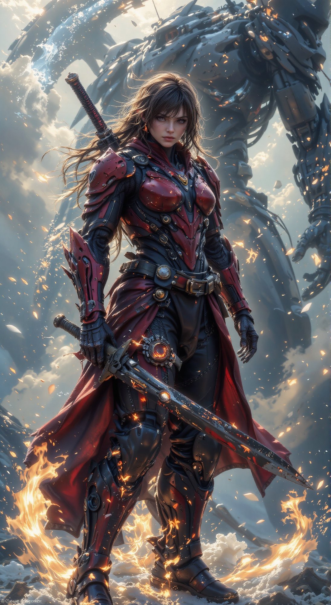 A scorching close-up of the red-black ninja knight's face,  etched with determination,  as she stands atop a snow-encruste...
