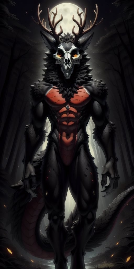 full frontal body image of a solo femboy ((male)) ((jackal)) (wendigo), ((shaggy black and red fur)), ((jackal ears)), a (((wolf skull for a head))), red chest, red stomach, scales on stomach, scales on chest, ((antlers)), red claws, ((dragon tail)). He is slender, sleek, skinny, lean ((emaciated, skinny, gaunt)). Moonlit forest

skulldog,front_view,black_body,digitigrade,furred_dragon,orange_eyes,scales,finger_claws,pawpads,solo,horns,eastern_dragon,antlers,
,portrait,firefliesfireflies,horror (theme),best quality,sakimichan