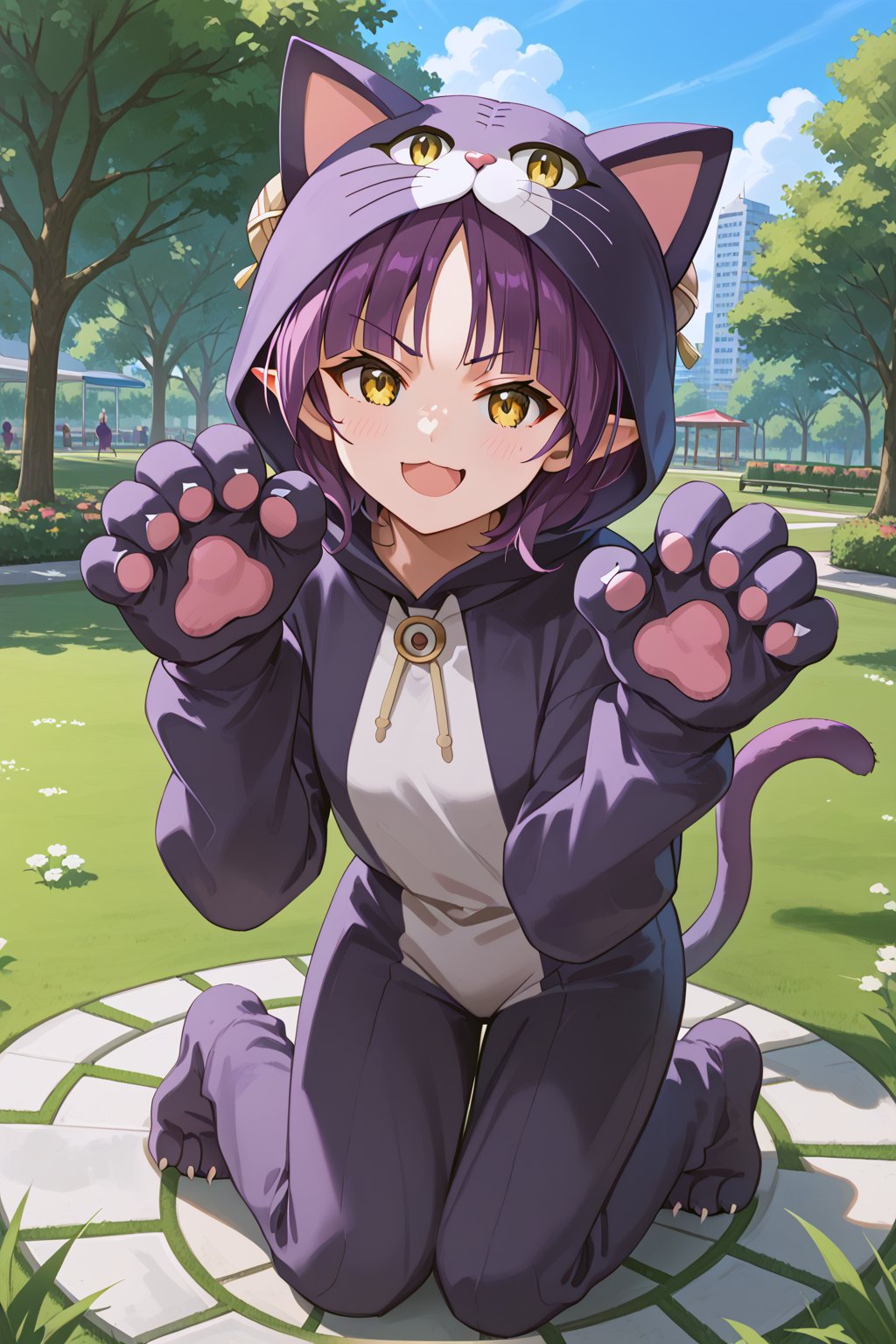 score_9, score_8_up, score_7_up, score_6_up, masterpiece, best quality, ultra-detailed, highres, absurdres, 
1girl, solo, nekomusume, cat girl, purple hair, short hair, single hair bun, yellow eyes, pointy ears, 
cat costume, cat paw gloves, 
Park, lawn, outdoors, , day time, 
kneeling on lawn, paw pose, smug smile, open mouth, light blush, looking at viewer, 