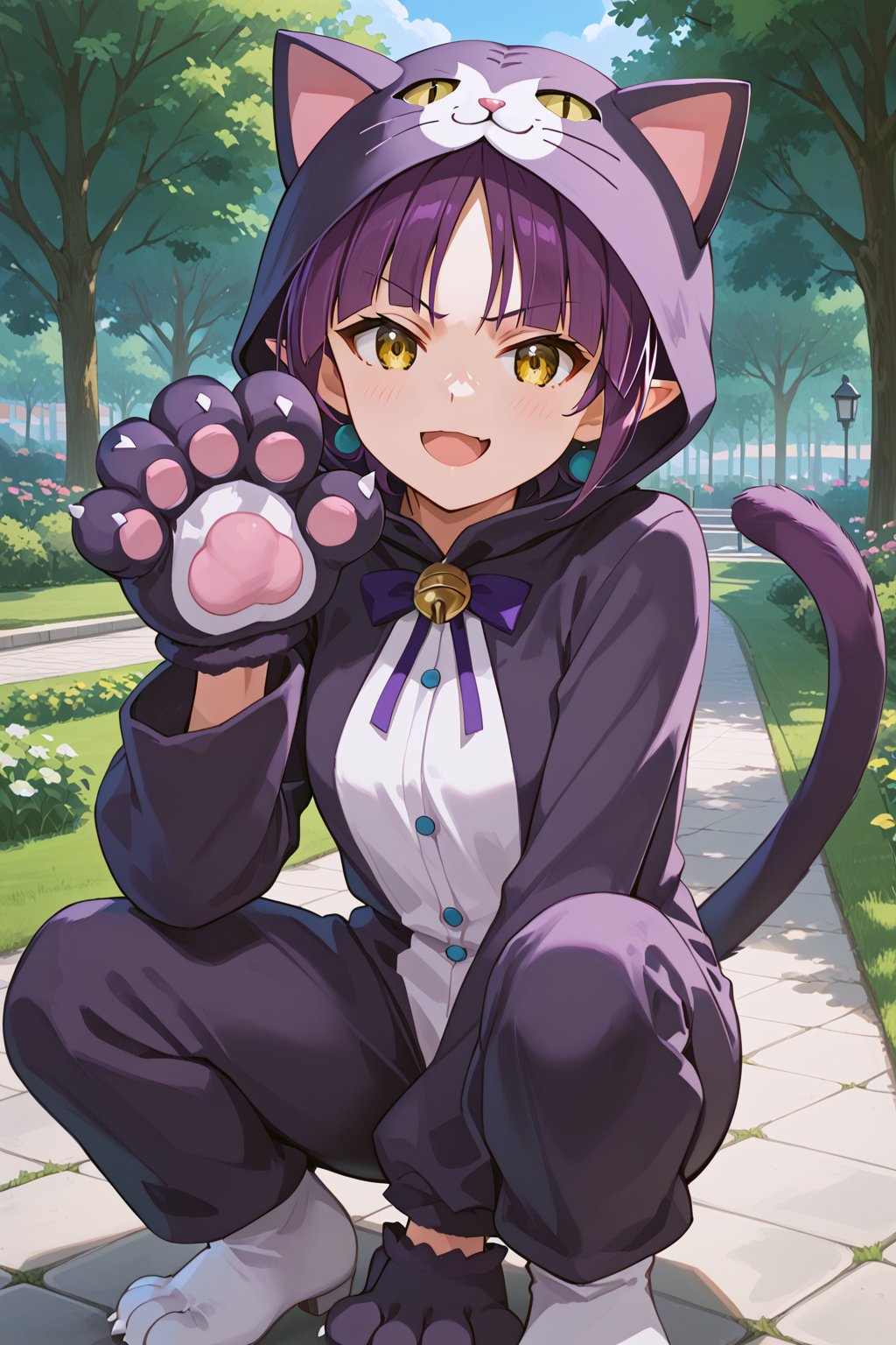 score_9, score_8_up, score_7_up, score_6_up, masterpiece, best quality, ultra-detailed, highres, absurdres, 
1girl, solo, nekomusume, cat girl, purple hair, short hair, single hair bun, yellow eyes, pointy ears, 
cat costume, cat paw gloves, 
Park, lawn, outdoors, , day time, 
squatting on lawn, one hand paw pose, one hand between legs, smug smile, open mouth, light blush, looking at viewer, 