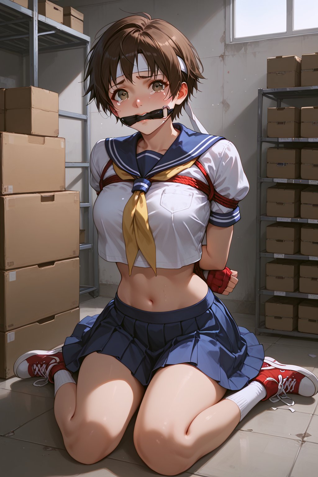 score_9, score_8_up, score_7_up, score_6_up, source_anime, Expressiveh, 
1girl, solo, sakura kasugano, brown eyes, brown hair, short hair, midriff, stomach, navel, 
school uniform, shirt, white shirt, crop top, sailor collar, short sleeves, skirt, blue skirt, miniskirt, ankle socks, shoes, socks, sneakers, headband, white headband, gloves, red gloves,
warehouse, concrete walls, indoors, 
tearing up, looking up at viewer, clv_gag, nervous, shibari, bondage, bound, bound arms, bound legs, bound wrists, bound ankles, bound knees, arms behind back, 