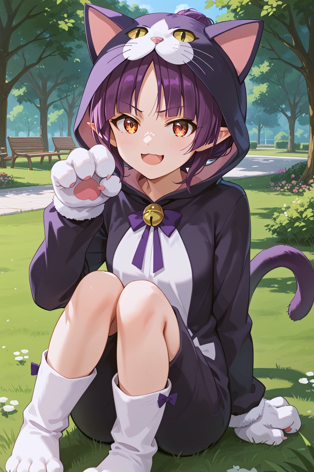 score_9, score_8_up, score_7_up, score_6_up, masterpiece, best quality, ultra-detailed, highres, absurdres, 
1girl, solo, nekomusume, cat girl, purple hair, short hair, single hair bun, yellow eyes, pointy ears, 
cat costume, cat paw gloves, 
Park, lawn, outdoors, , day time, 
sitting on lawn, knees up, paw pose, smug smile, open mouth, light blush, looking at viewer, 