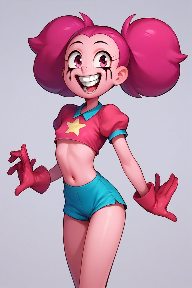 Score_9, Score_8_up, Score_7_up, Score_6_up, Score_5_up, Score_4_up, source_cartoon, 
1girl,Spinel from Steven Universe,pink_skin,twin_tails,magenta_hair,happy,pointy_teeth,mascara,puffy_gloves,

lanky,petite,thin,slender,skinny,titty_buds,
happy,
shirt,puffy_short_sleeves,shorts,puffy_pants,pink_clothes
