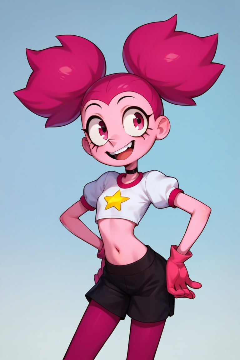 Score_9, Score_8_up, Score_7_up, Score_6_up, Score_5_up, Score_4_up, source_cartoon, 
1girl,Spinel from Steven Universe,pink_skin,spiky_twin_tails,magenta_hair,happy,mascara_lines,puffy_gloves,

lanky,petite,thin,slender,skinny,titty_buds,
shirt,puffy_short_sleeves,shorts,puffy_pants,pink_clothes
