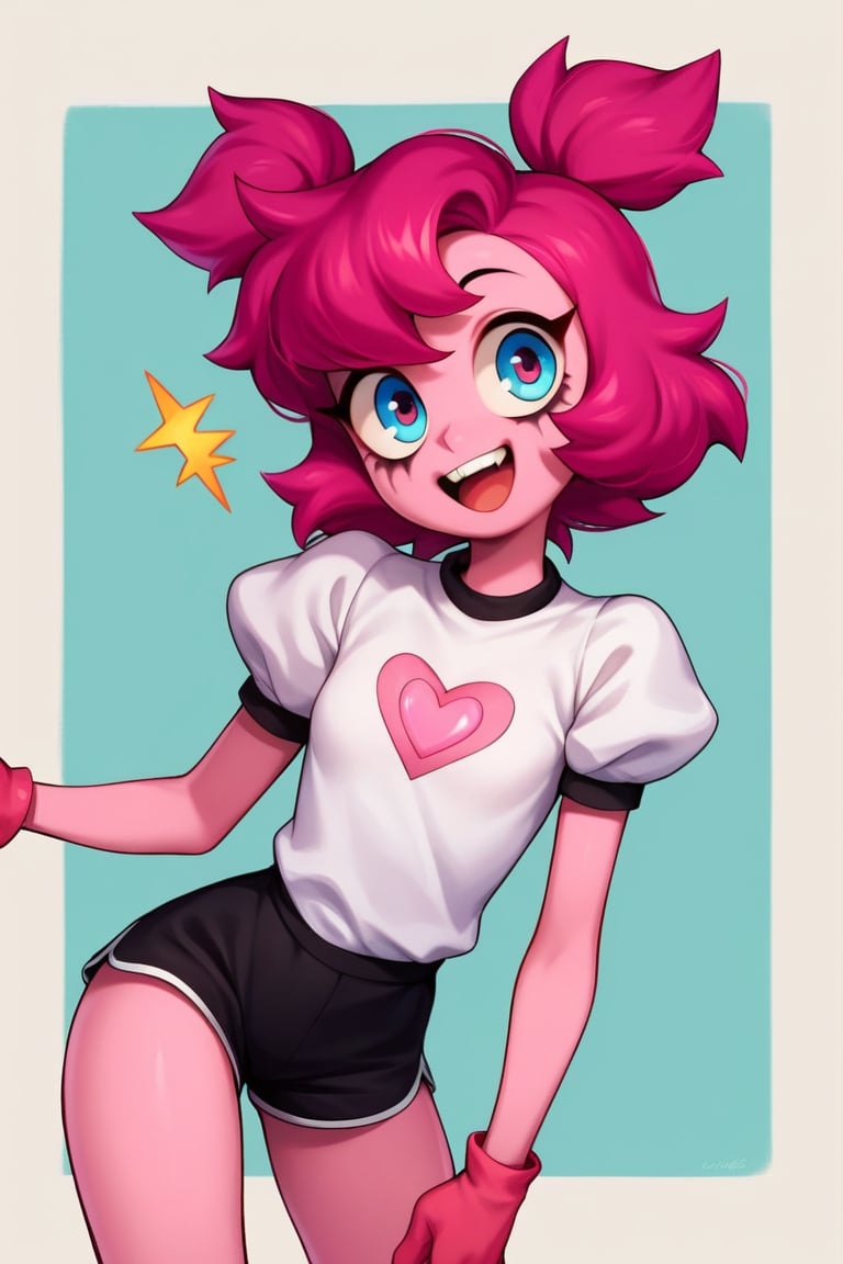 Score_9, Score_8_up, Score_7_up, Score_6_up, Score_5_up, Score_4_up, source_cartoon, 
1girl,Spinel from Steven Universe,pink_skin,spiky_twin_tails,magenta_hair,happy,mascara_lines,puffy_gloves,

lanky,petite,thin,slender,skinny,titty_buds,
shirt,puffy_short_sleeves,shorts,puffy_pants,pink_clothes
