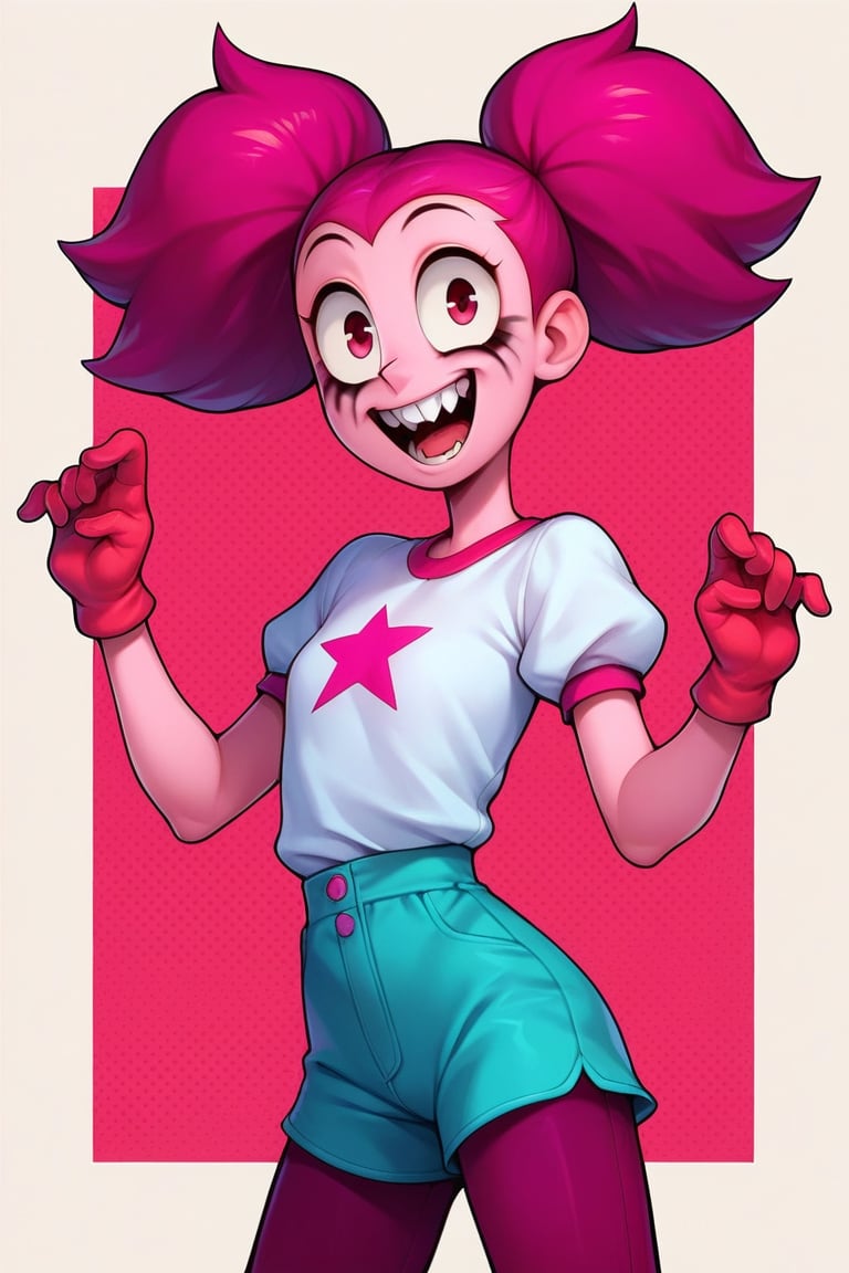 Score_9, Score_8_up, Score_7_up, Score_6_up, Score_5_up, Score_4_up, source_cartoon, 
1girl,Spinel from Steven Universe,pink_skin,twin_tails,magenta_hair,happy,pointy_teeth,mascara,puffy_gloves,

lanky,petite,thin,slender,skinny,titty_buds,
happy,creepy,crazy,
shirt,puffy_short_sleeves,shorts,puffy_pants,
