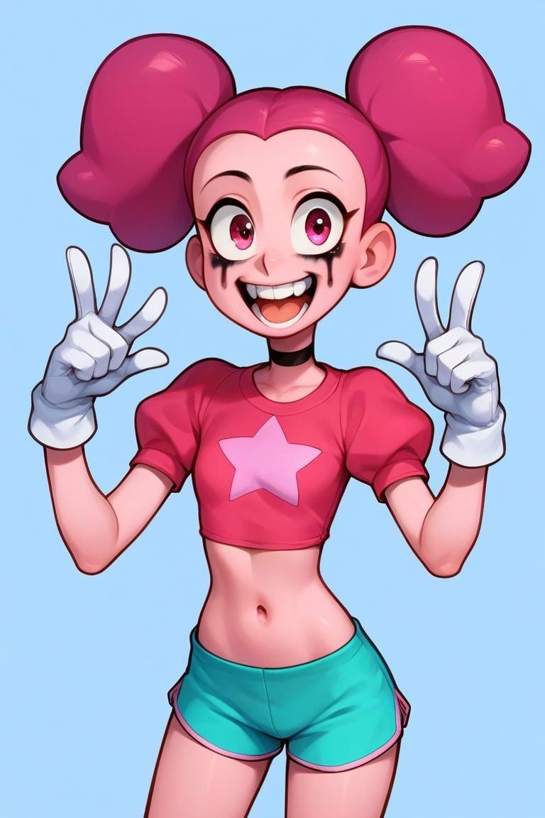 Score_9, Score_8_up, Score_7_up, Score_6_up, Score_5_up, Score_4_up, source_cartoon, 
1girl,Spinel from Steven Universe,pink_skin,twin_tails,magenta_hair,happy,pointy_teeth,mascara,puffy_gloves,

lanky,petite,thin,slender,skinny,titty_buds,
happy,
shirt,puffy_short_sleeves,shorts,puffy_pants,pink_clothes
