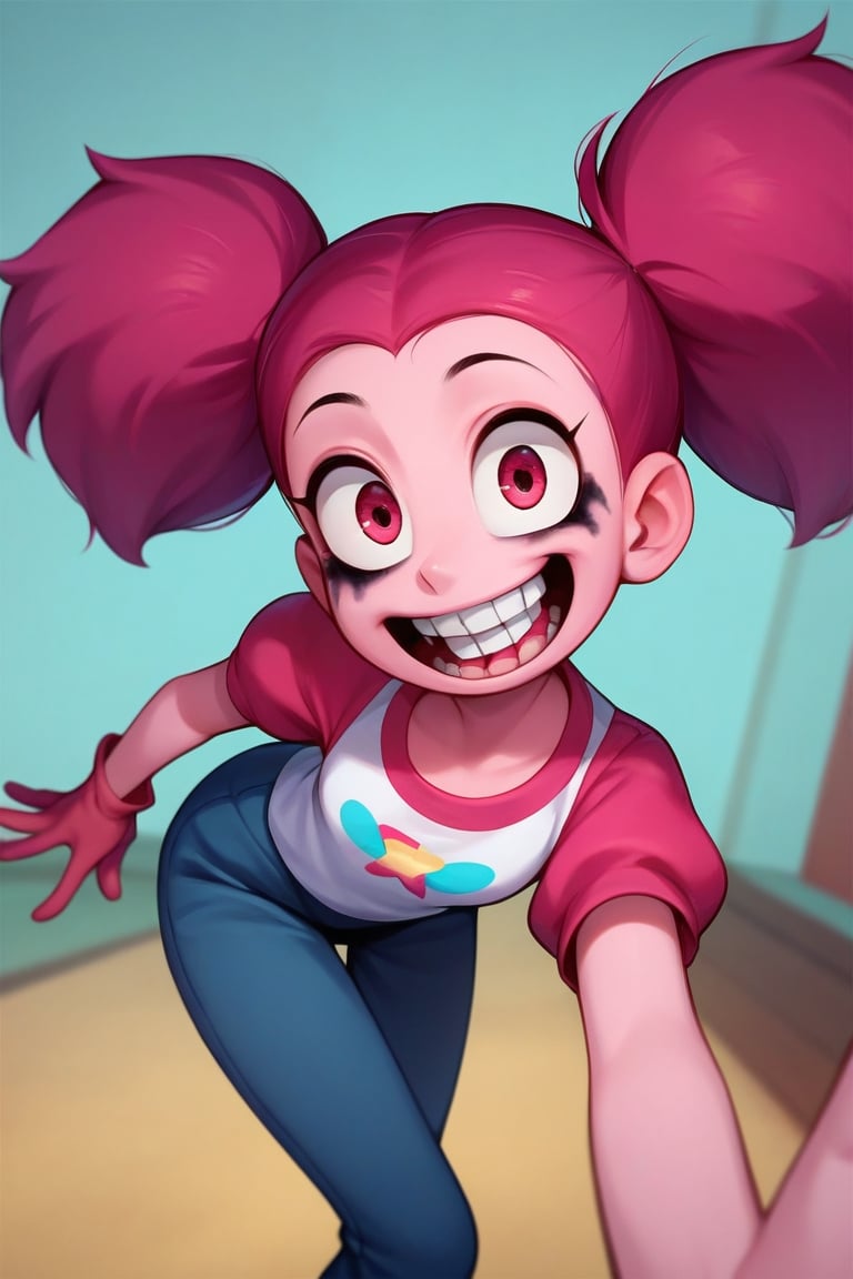 Score_9, Score_8_up, Score_7_up, Score_6_up, Score_5_up, Score_4_up, source_cartoon, 
1girl,Spinel from Steven Universe,pink_skin,twin_tails,magenta_hair,happy,pointy_teeth,mascara,puffy_gloves,

lanky,petite,thin,slender,skinny,titty_buds,
happy,creepy,crazy,pov,
shirt,puffy_short_sleeves,short_pants,puffy_pants,
