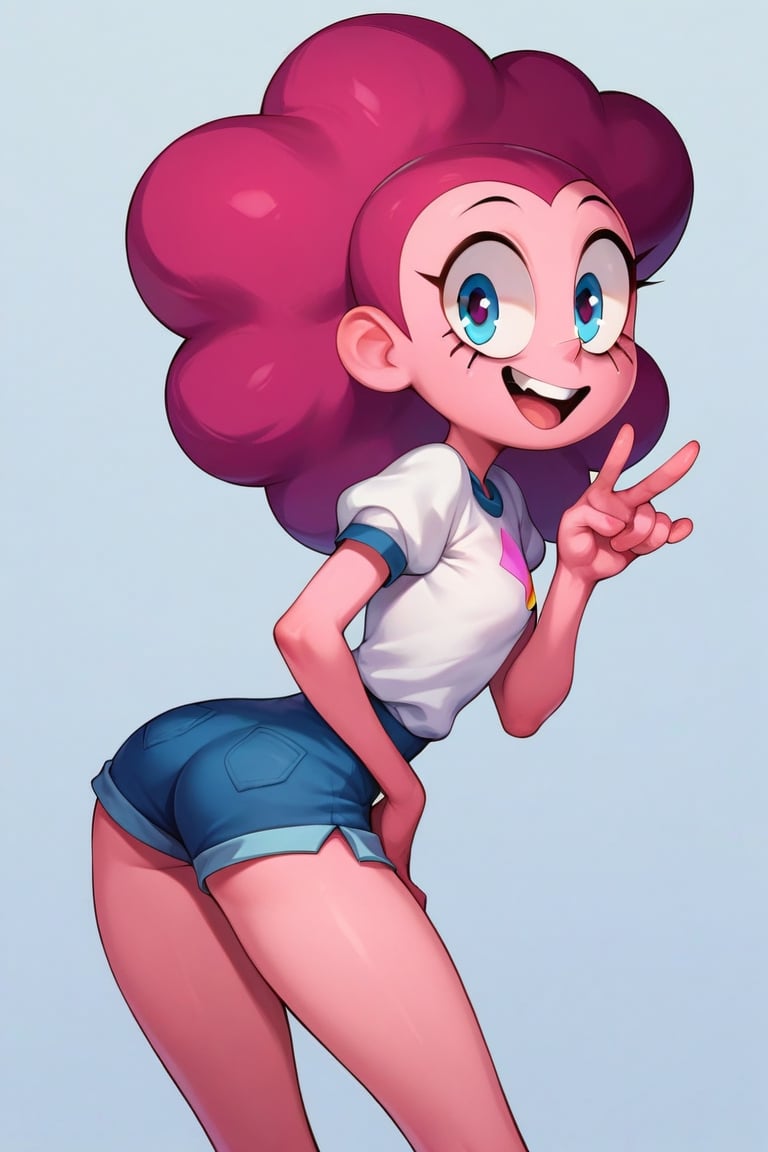 Score_9, Score_8_up, Score_7_up, Score_6_up, Score_5_up, Score_4_up, source_cartoon, 
1girl,Spinel from Steven Universe,pink_skin,spiky_twin_tails,magenta_hair,happy,mascara_lines,
butt_cheeks,
lanky,petite,thin,slender,skinny,titty_buds,
shirt,puffy_short_sleeves,shorts,puffy_pants,pink_clothes
