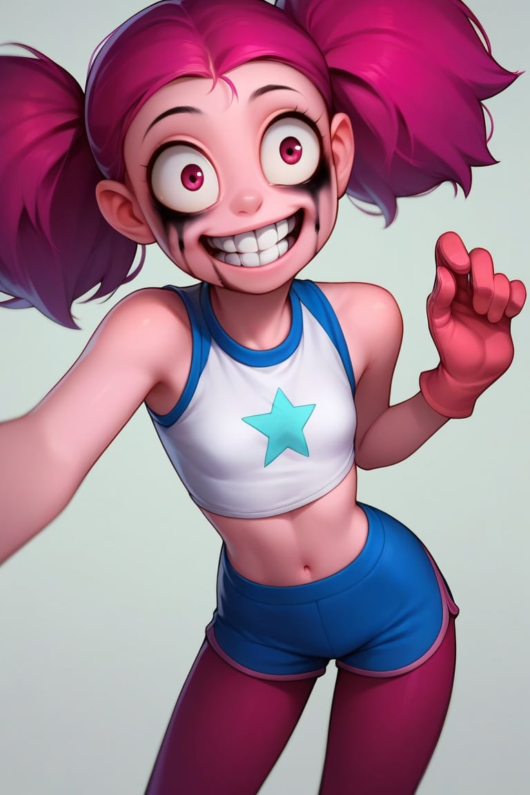 Score_9, Score_8_up, Score_7_up, Score_6_up, Score_5_up, Score_4_up, source_cartoon, 
1girl,Spinel from Steven Universe,pink_skin,twin_tails,magenta_hair,happy,pointy_teeth,smear mascara,cartoon_gloves,

lanky,petite,thin,slender,skinny,titty_buds,
happy,creepy,crazy,pov,
shirt,puffy_shoulders,shorts,puffy_pants,
