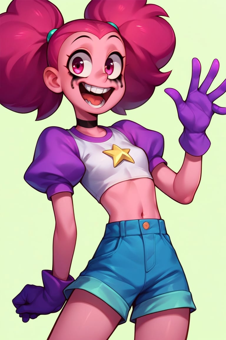 Score_9, Score_8_up, Score_7_up, Score_6_up, Score_5_up, Score_4_up, source_cartoon, 
1girl,Spinel from Steven Universe,pink_skin,twin_tails,magenta_hair,happy,pointy_teeth,mascara,puffy_gloves,

lanky,petite,thin,slender,skinny,titty_buds,
happy,
shirt,puffy_short_sleeves,shorts,puffy_pants,pink_clothes
