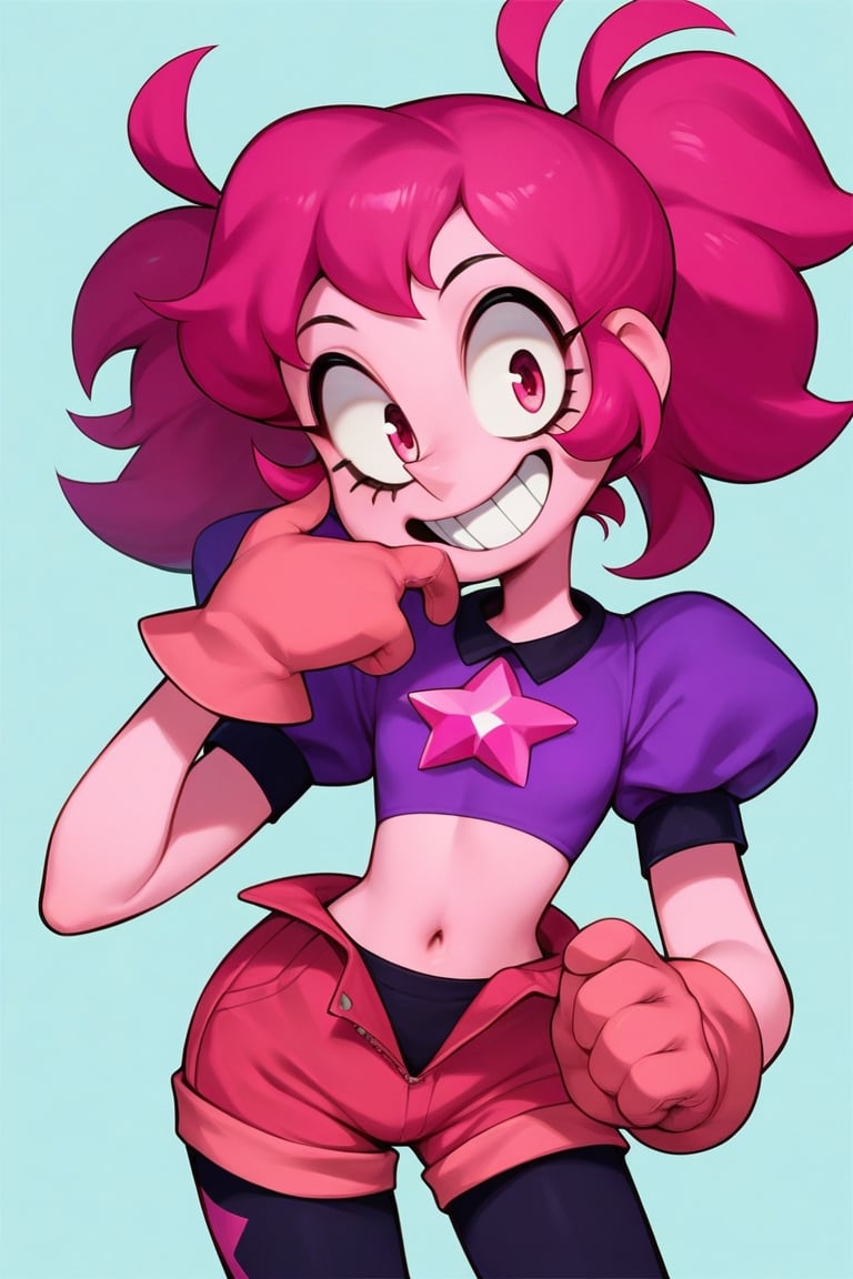 Score_9, Score_8_up, Score_7_up, Score_6_up, Score_5_up, Score_4_up, source_cartoon, 
1girl,Spinel from Steven Universe,pink_skin,spiky_twin_tails,magenta_hair,happy,mascara_lines,puffy_gloves,

lanky,petite,thin,slender,skinny,titty_buds,
shirt,puffy_short_sleeves,shorts,puffy_pants,pink_clothes
