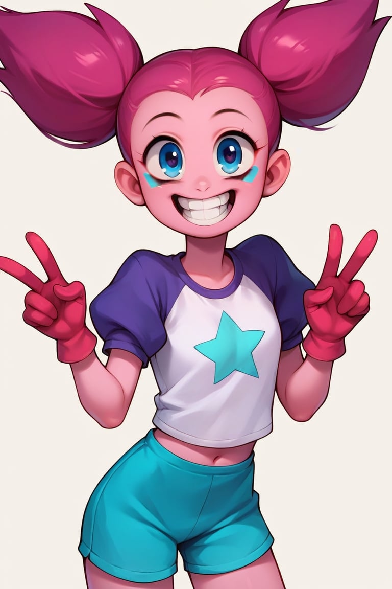 Score_9, Score_8_up, Score_7_up, Score_6_up, Score_5_up, Score_4_up, source_cartoon, 
1girl,Spinel from Steven Universe,pink_skin,twin_tails,magenta_hair,happy,pointy_teeth,mascara,puffy_gloves,

lanky,petite,thin,slender,skinny,titty_buds,
happy,
shirt,puffy_short_sleeves,shorts,puffy_pants,pink_clothes
