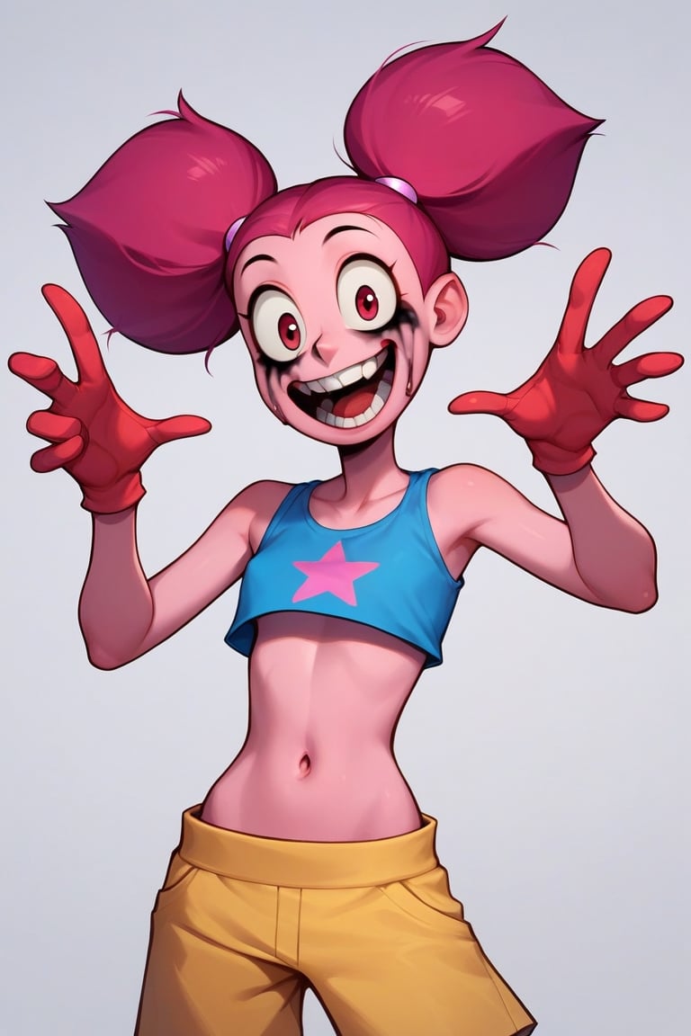 Score_9, Score_8_up, Score_7_up, Score_6_up, Score_5_up, Score_4_up, source_cartoon, 
1girl,Spinel from Steven Universe,pink_skin,twin_tails,magenta_hair,happy,pointy_teeth,smear mascara,cartoon_gloves,

lanky,petite,thin,slender,skinny,titty_buds,
happy,creepy,crazy,pov,
shirt,puffy_shoulders,shorts,puffy_pants,
