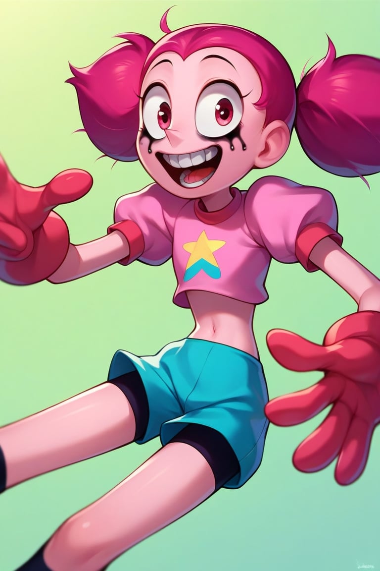 Score_9, Score_8_up, Score_7_up, Score_6_up, Score_5_up, Score_4_up, source_cartoon, 
1girl,Spinel from Steven Universe,pink_skin,twin_tails,magenta_hair,happy,pointy_teeth,mascara,puffy_gloves,

lanky,petite,thin,slender,skinny,titty_buds,
happy,creepy,crazy,
shirt,puffy_short_sleeves,shorts,puffy_pants,
