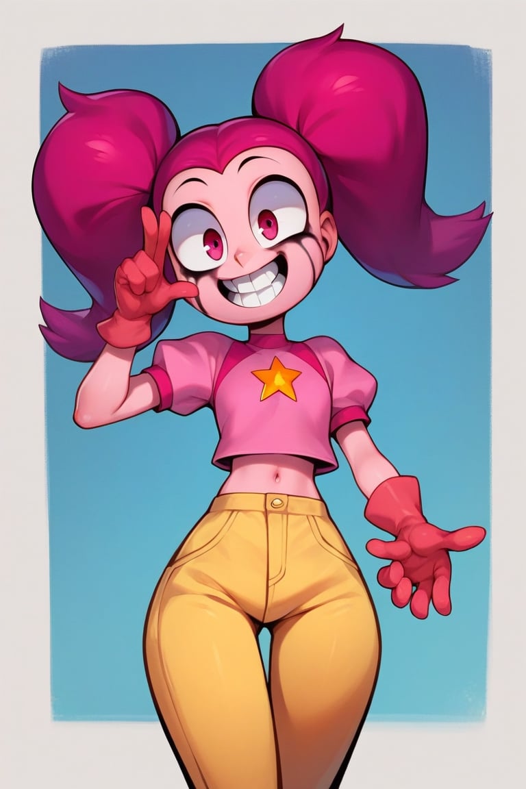 Score_9, Score_8_up, Score_7_up, Score_6_up, Score_5_up, Score_4_up, source_cartoon, 
1girl,Spinel from Steven Universe,pink_skin,twin_tails,magenta_hair,happy,pointy_teeth,mascara,puffy_gloves,

lanky,petite,thin,slender,skinny,titty_buds,
happy,creepy,crazy,pov,
shirt,puffy_short_sleeves,short_pants,puffy_pants,
