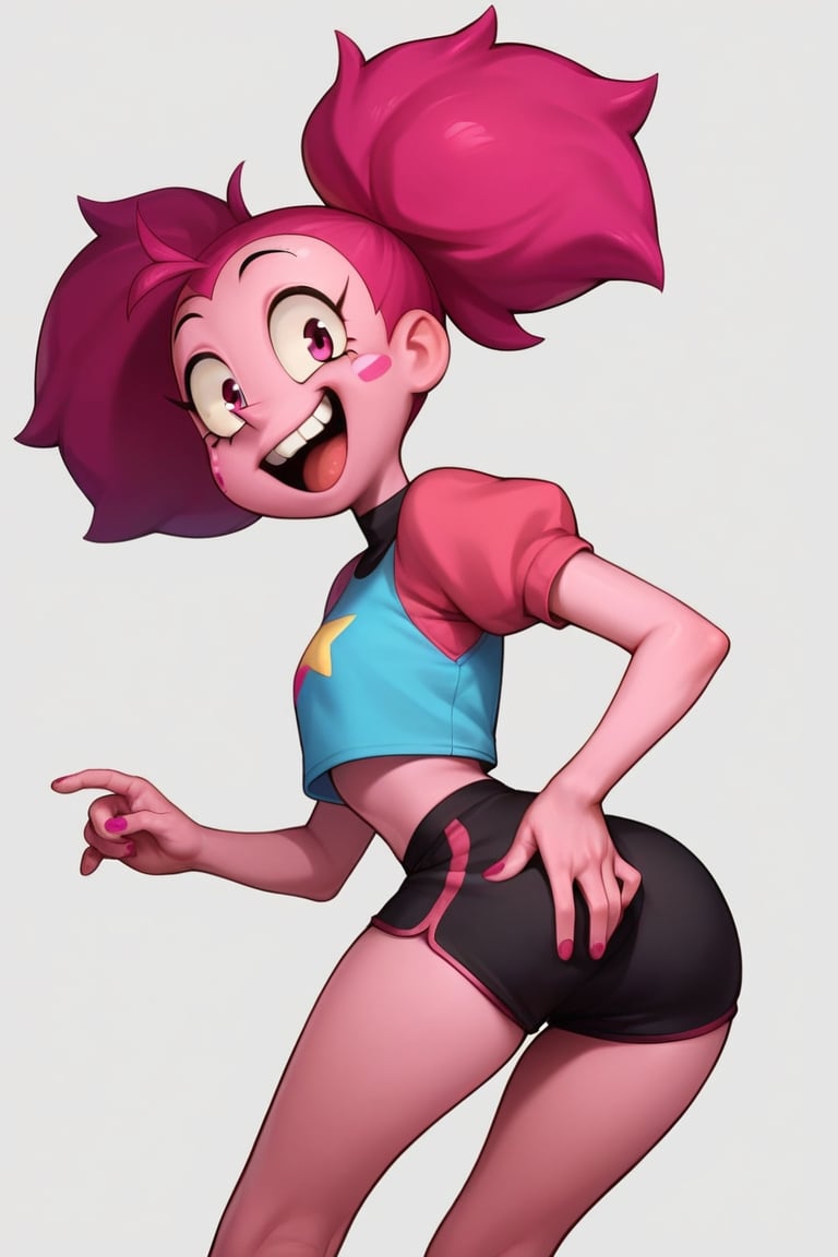 Score_9, Score_8_up, Score_7_up, Score_6_up, Score_5_up, Score_4_up, source_cartoon, 
1girl,Spinel from Steven Universe,pink_skin,spiky_twin_tails,magenta_hair,happy,mascara_lines,
butt_cheeks,
lanky,petite,thin,slender,skinny,titty_buds,
shirt,puffy_short_sleeves,shorts,puffy_pants,pink_clothes
