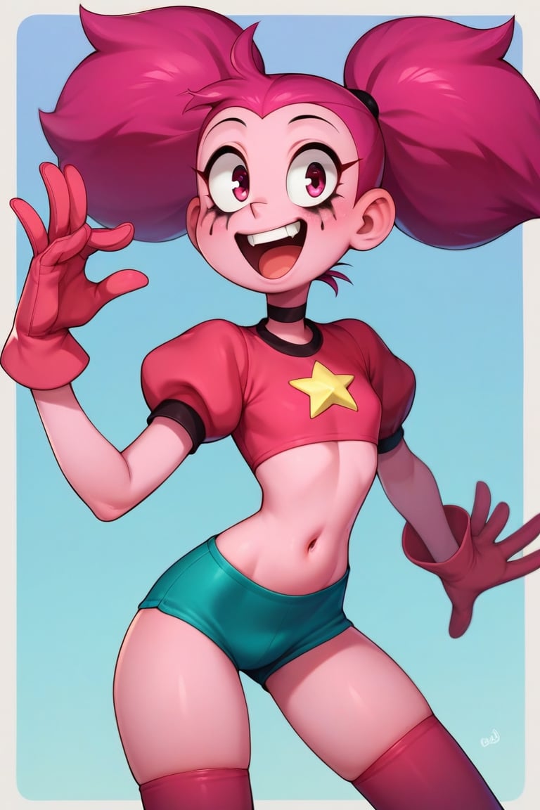 Score_9, Score_8_up, Score_7_up, Score_6_up, Score_5_up, Score_4_up, source_cartoon, 
1girl,Spinel from Steven Universe,pink_skin,spiky_twin_tails,magenta_hair,happy,mascara_lines,puffy_gloves,

lanky,petite,thin,slender,skinny,titty_buds,
shirt,puffy_short_sleeves,shorts,puffy_pants,pink_clothes
