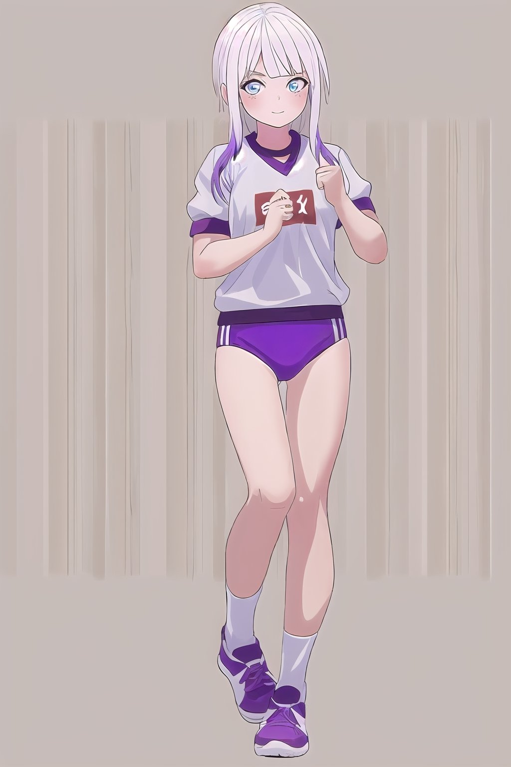 1girl, sidelighting, white hair purple tips,buruma, gym_uniform, blue_eyes ,wallpaper,full_body,RicheHayashi