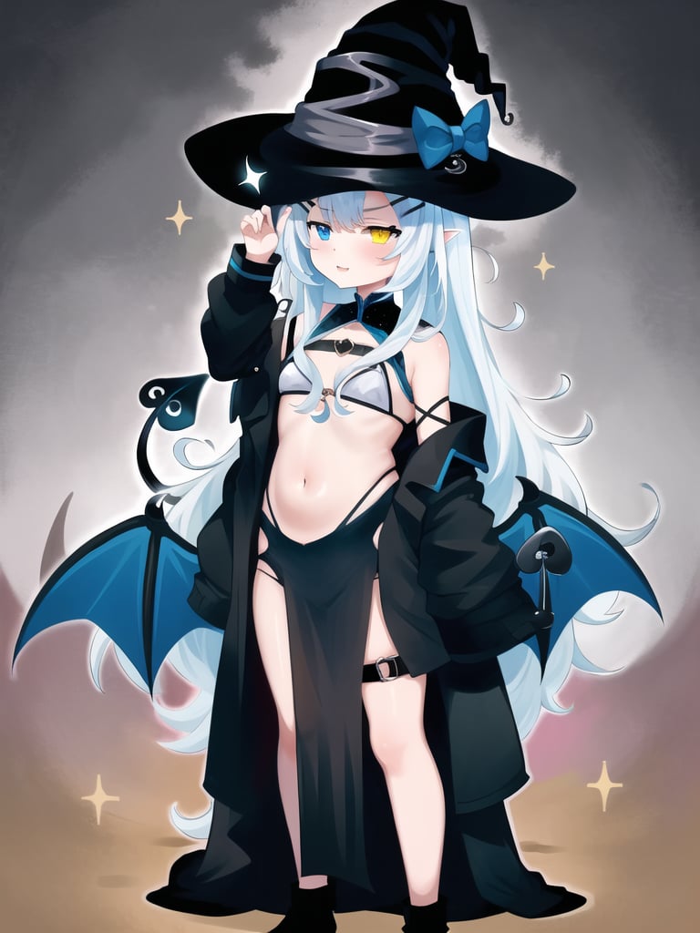 1girl, sidelighting, wallpaper, full_body, high_res, sky blue_hair, ahoge, pointy_ears, horn_ornament, horn_ribbon, hairclip, blue_eyes, heterochromia, yellow_eyes, small_breast, (demon_tail), (hip_wings:1.2), (demon_wings), loli, koav1, witch_dress, witch_hat