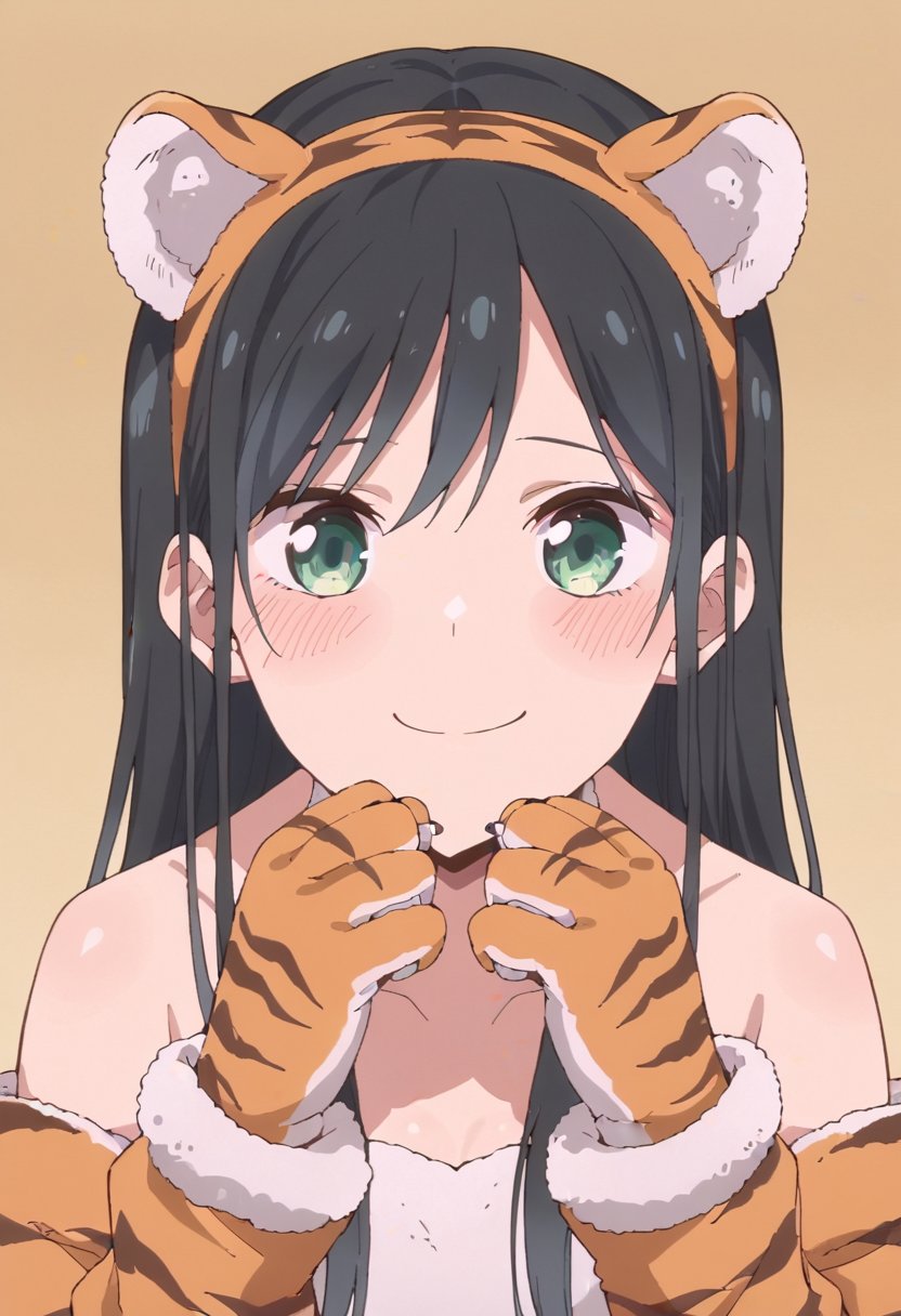 score_9, score_8_up, score_7_up, source_anime,nanakura rin, shy, black hair, light green eyes, long hair, 1girl, solo, smile, jimiko, tiger gloves, tiger ears, tiger tail, tiger costume, arms_up
