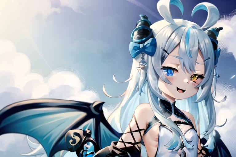 1girl, sidelighting, wallpaper, full_body, high_res, sky blue_hair ahoge, pointy_ears, horns, horn_ornament, horn_ribbon, hairclip, blue_eyes, heterochromia, yellow_eyes, small_breast, (demon_tail), (hip_wings:1.2), (demon_wings), smile, loli, seifuku