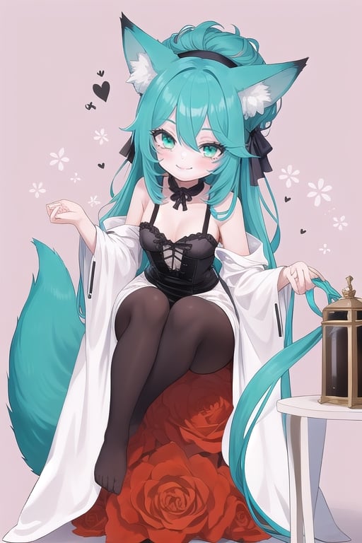 1girl, sidelighting, wallpaper, gothic, smile, aqua_eyes, fox ears, full_body, keiramevt